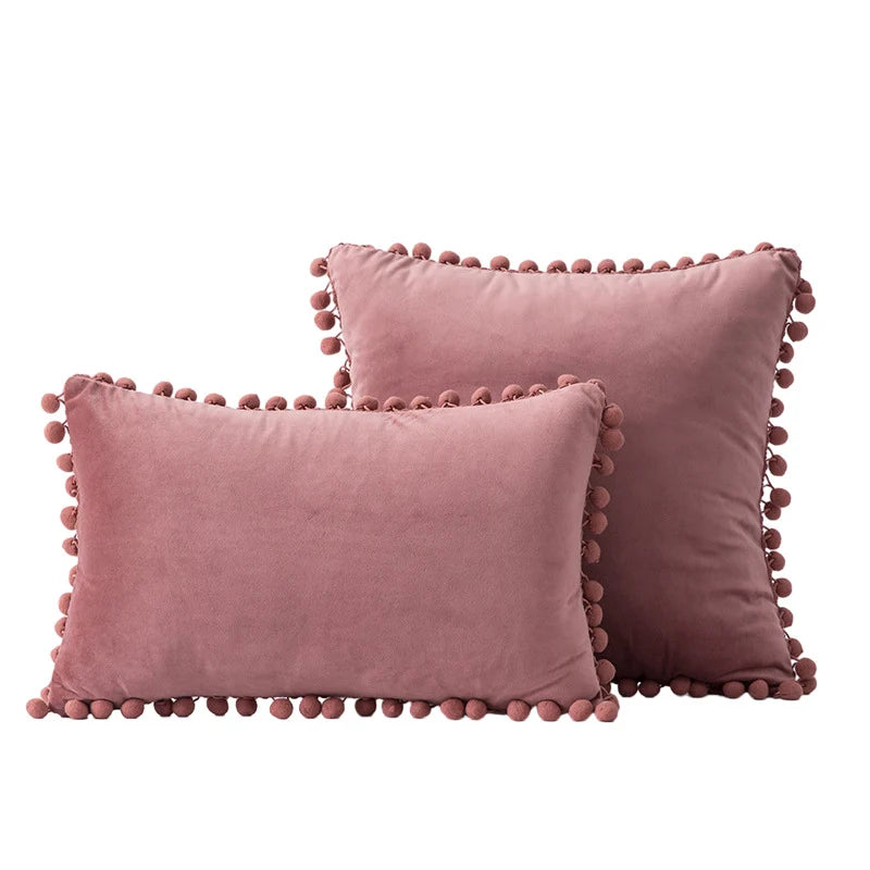 Throw Pillow Set Velvet Pom-Pom Fringe Hidden Zipper Closure