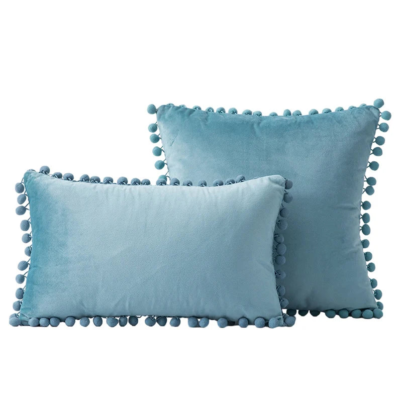 Throw Pillow Set Velvet Pom-Pom Fringe Hidden Zipper Closure