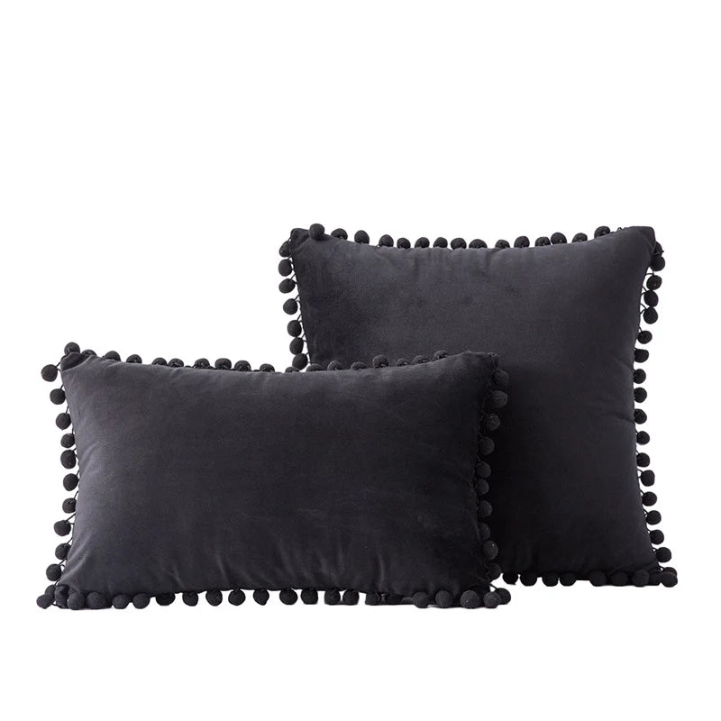 Throw Pillow Set Velvet Pom-Pom Fringe Hidden Zipper Closure