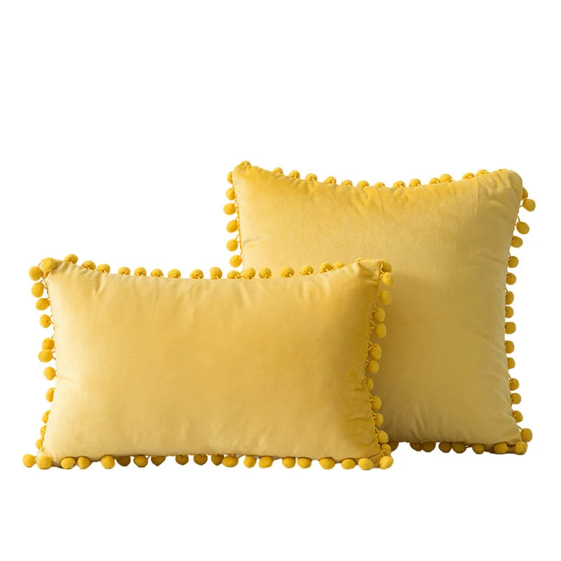 Throw Pillow Set Velvet Pom-Pom Fringe Hidden Zipper Closure