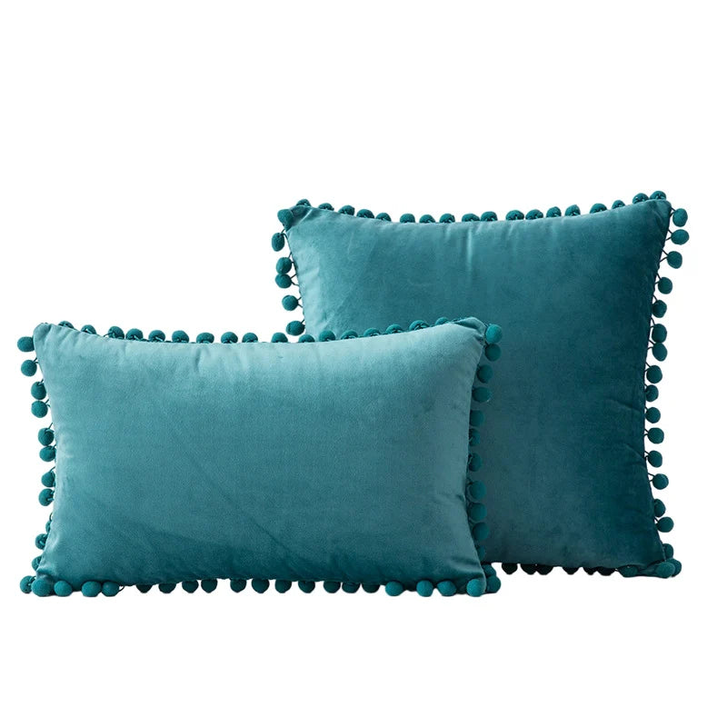 Throw Pillow Set Velvet Pom-Pom Fringe Hidden Zipper Closure