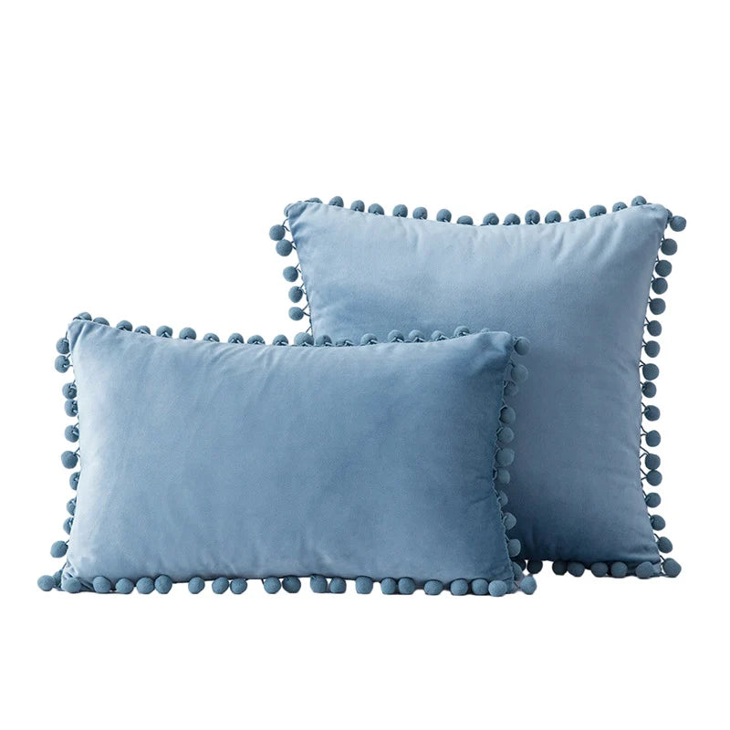 Throw Pillow Set Velvet Pom-Pom Fringe Hidden Zipper Closure