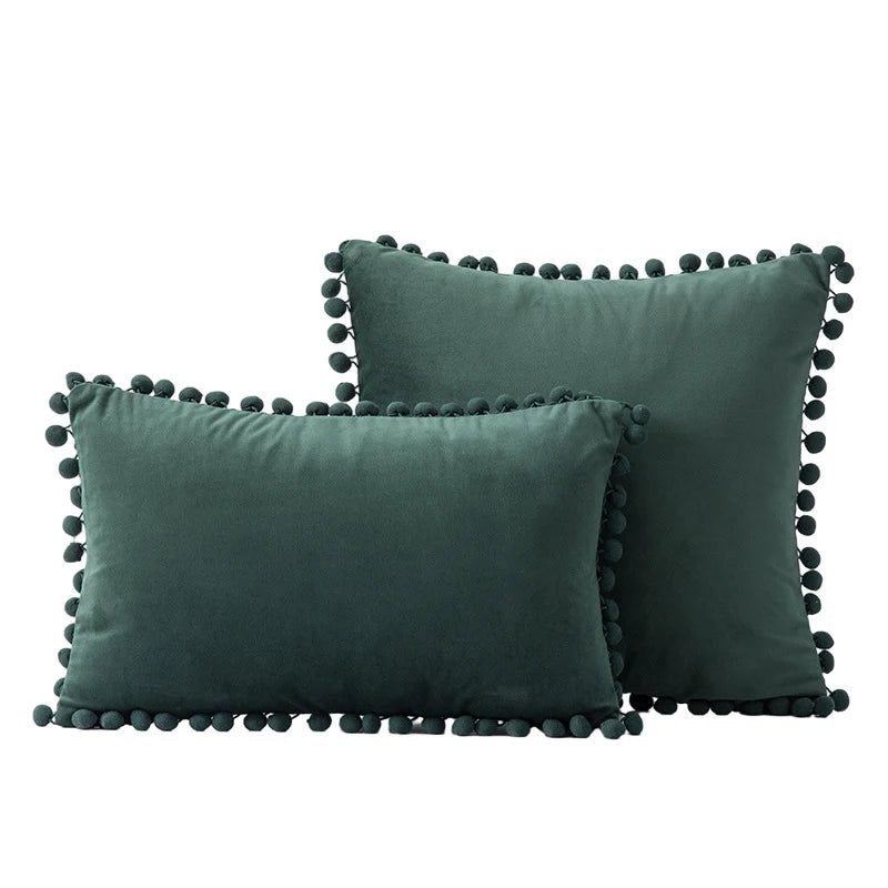 Throw Pillow Set Velvet Pom-Pom Fringe Hidden Zipper Closure