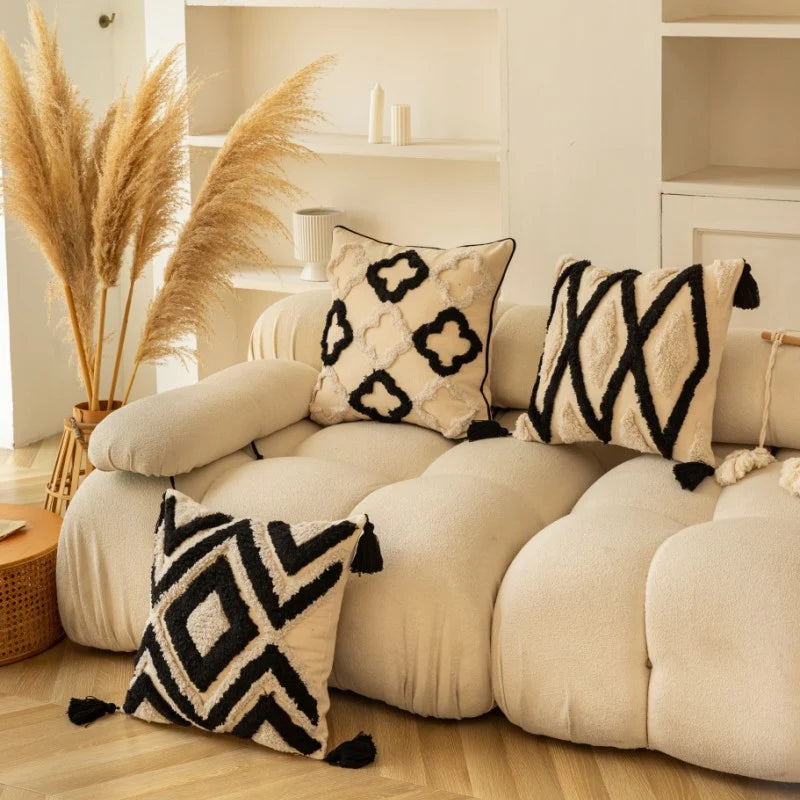 Throw Pillow Tufted Diamond Texture Tassel Corners & Removable Cover
