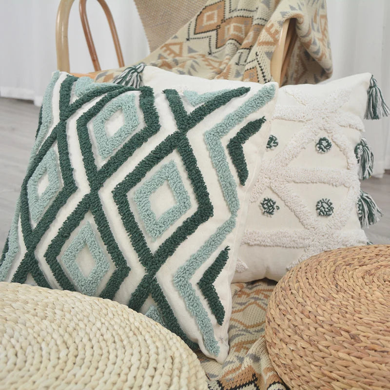 Throw Pillow Tufted Geometric Tassels Removable Cotton Cover