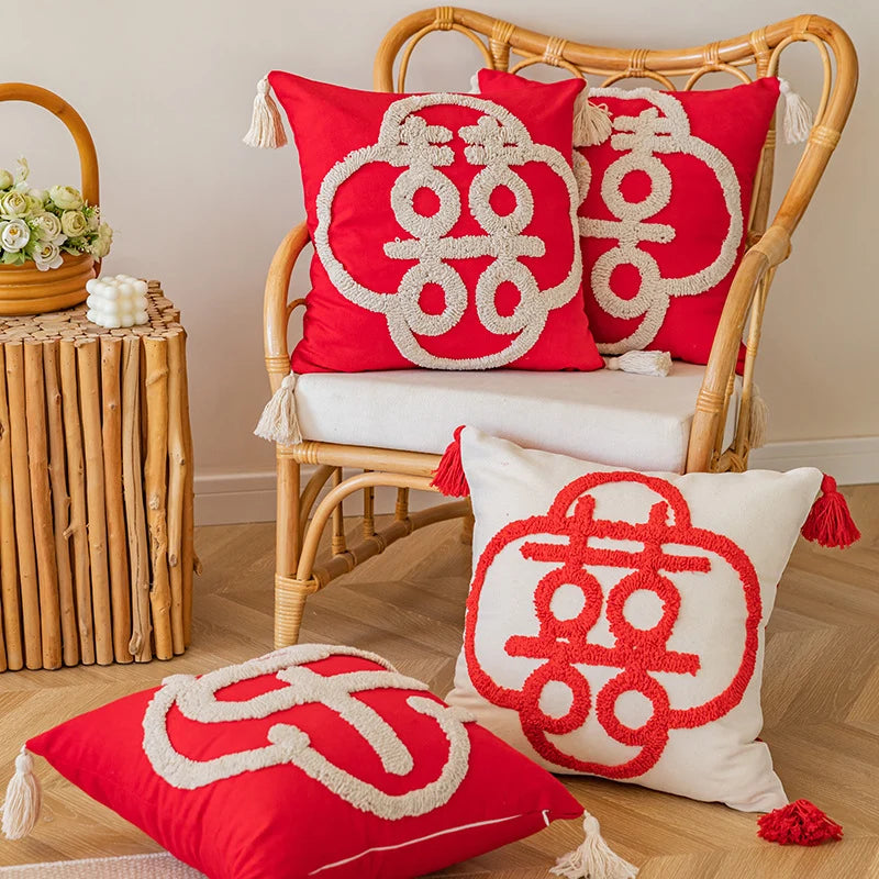 Throw Pillow Tufted Monogram & Tassel Trim