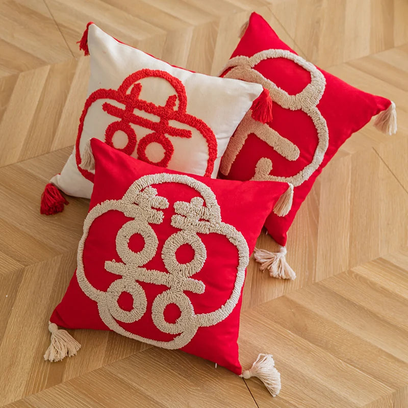 Throw Pillow Tufted Monogram & Tassel Trim