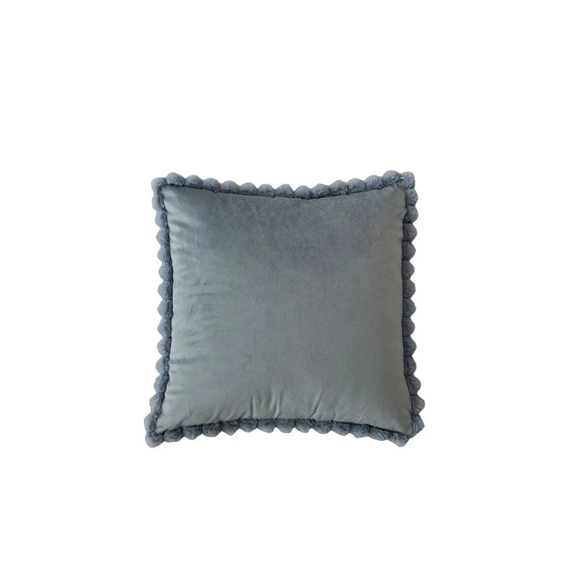 Throw Pillow Velvet-Look Pom-Pom Border Removable Concealed-Zip Cover