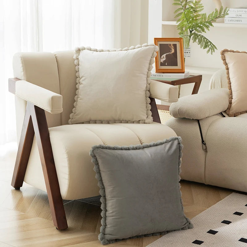 Throw Pillow Velvet-Look Pom-Pom Border Removable Concealed-Zip Cover