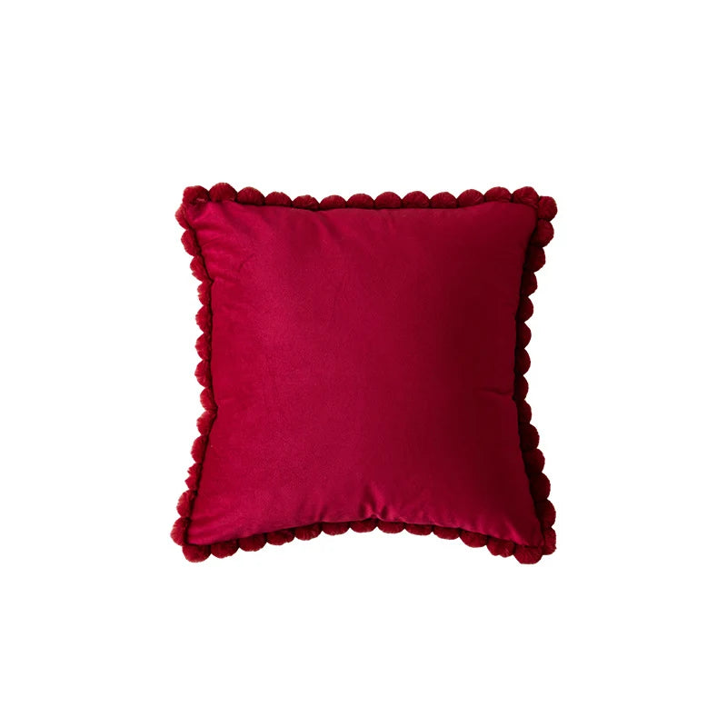 Throw Pillow Velvet-Look Pom-Pom Border Removable Concealed-Zip Cover