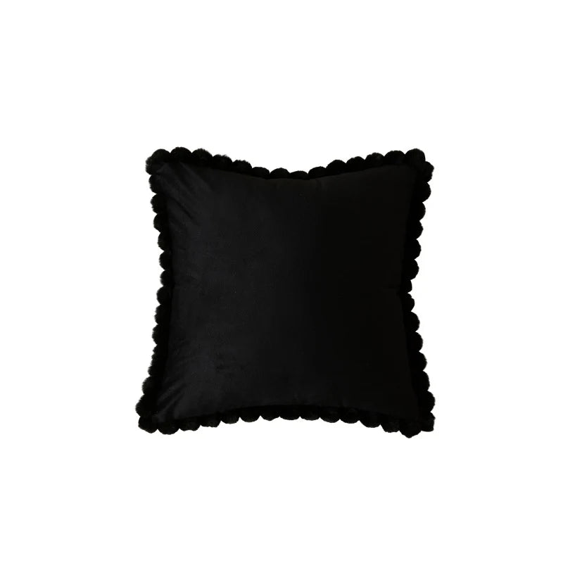 Throw Pillow Velvet-Look Pom-Pom Border Removable Concealed-Zip Cover