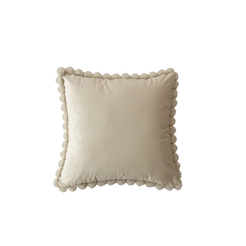 Throw Pillow Velvet-Look Pom-Pom Border Removable Concealed-Zip Cover