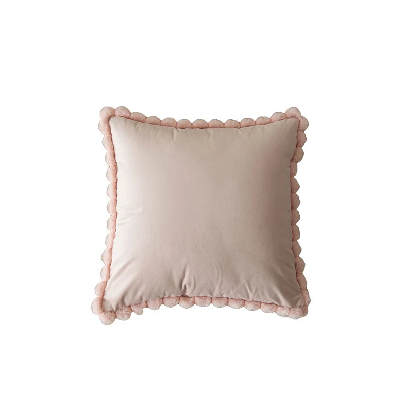 Throw Pillow Velvet-Look Pom-Pom Border Removable Concealed-Zip Cover