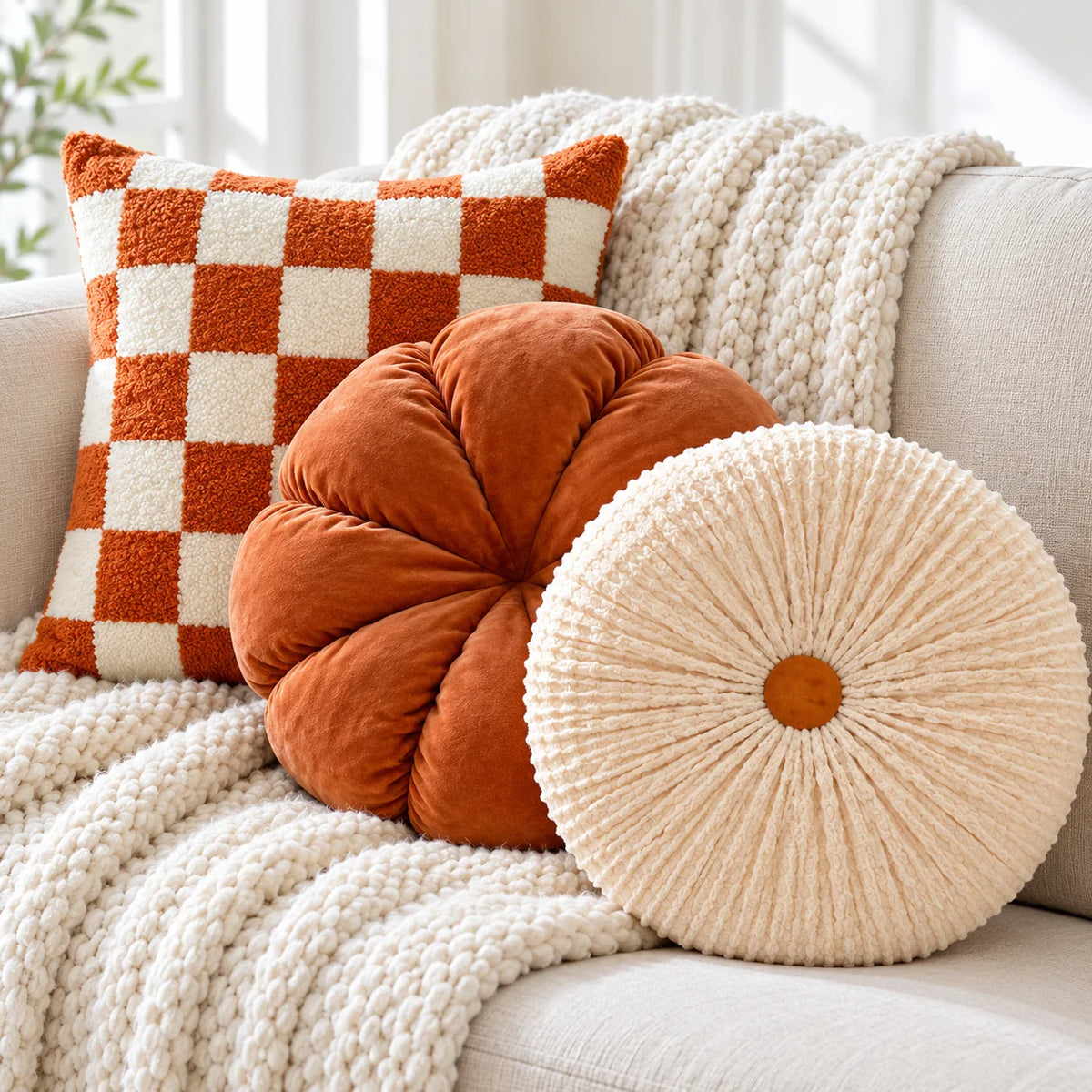 Throw Pillow Velvet Tufted Pumpkin Plush Filling