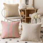 Throw Pillow Woven Canvas Pinstripe & Fringe Trim
