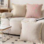 Throw Pillow Woven Canvas Pinstripe & Fringe Trim