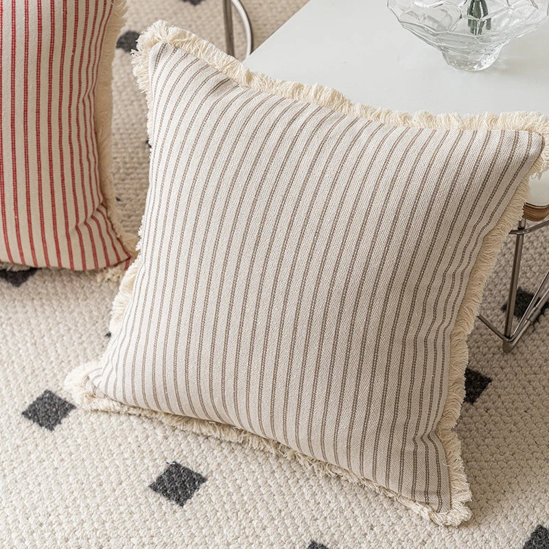 Throw Pillow Woven Canvas Pinstripe & Fringe Trim