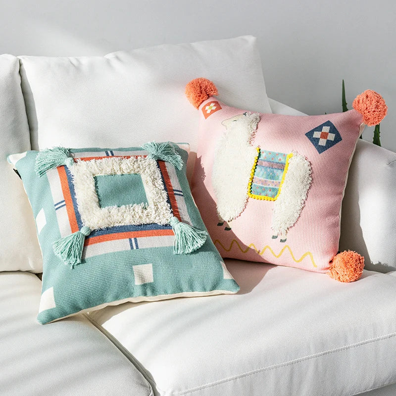 Throw Pillow Woven Diamond Design Pom-Poms & Tassels Stain-Resistant