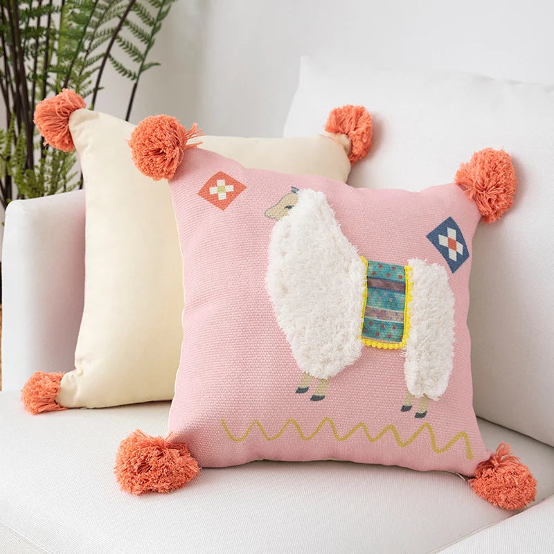 Throw Pillow Woven Diamond Design Pom-Poms & Tassels Stain-Resistant
