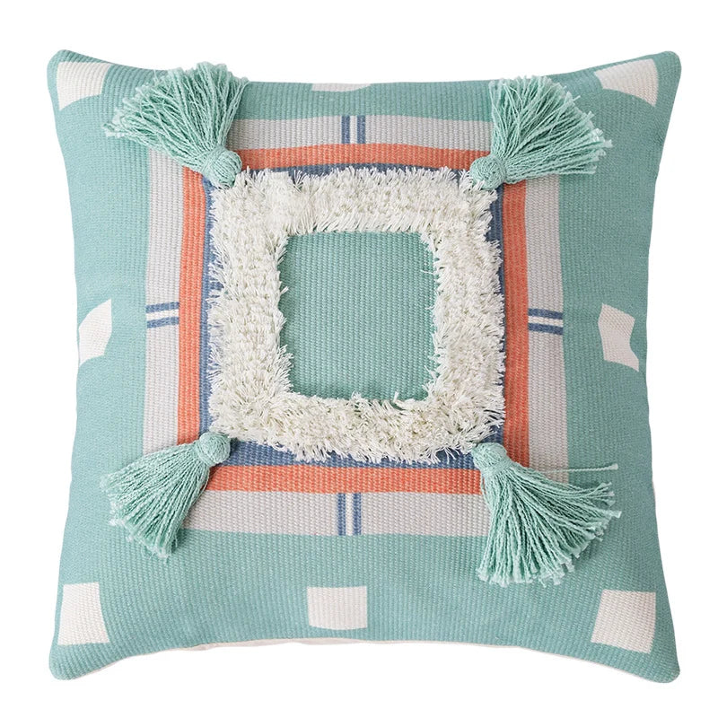 Throw Pillow Woven Diamond Design Pom-Poms & Tassels Stain-Resistant