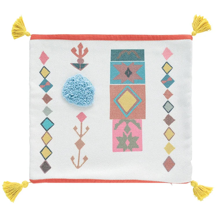 Throw Pillow Woven Diamond Design Pom-Poms & Tassels Stain-Resistant