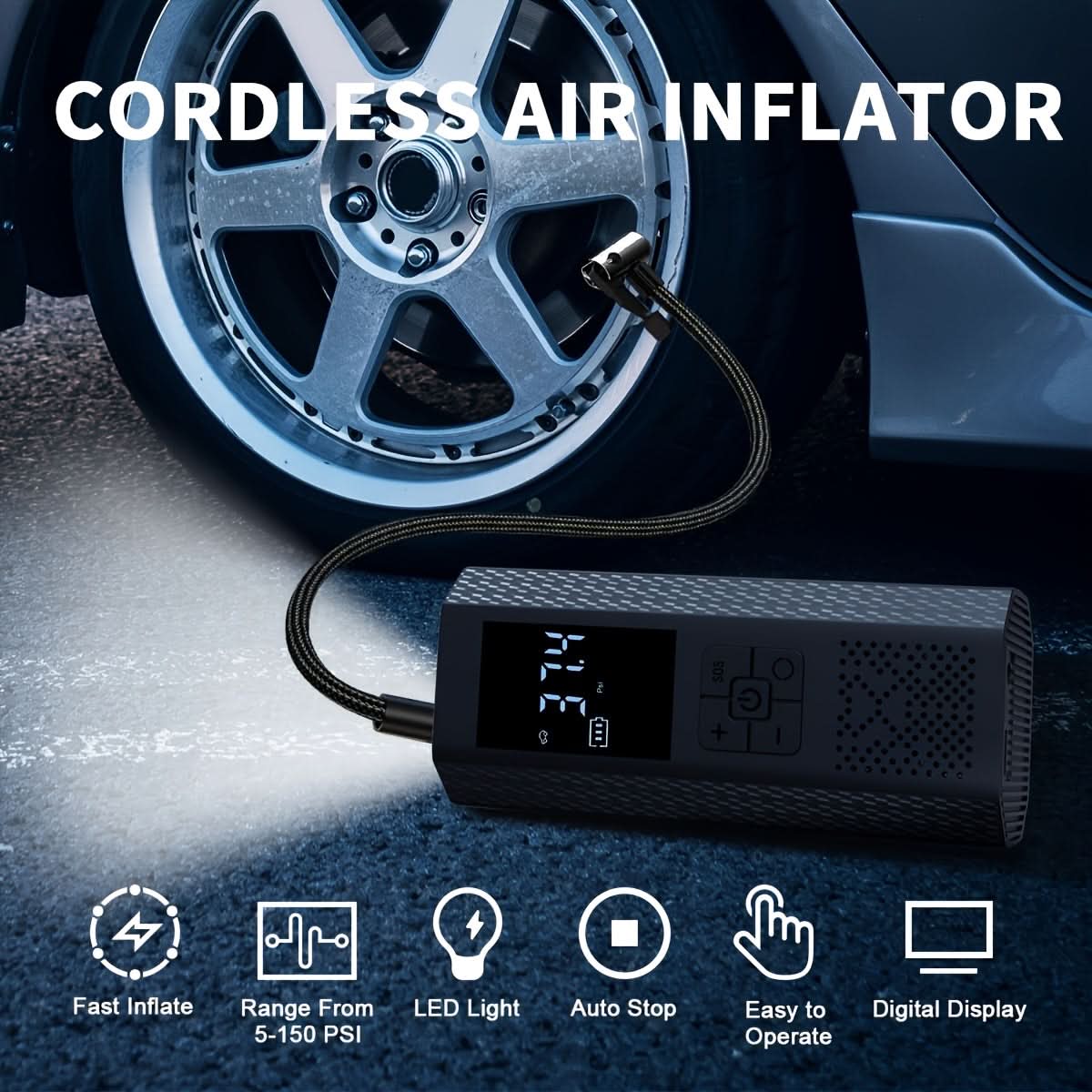 Tire Inflator Cordless Rechargeable 150 PSI Digital Display