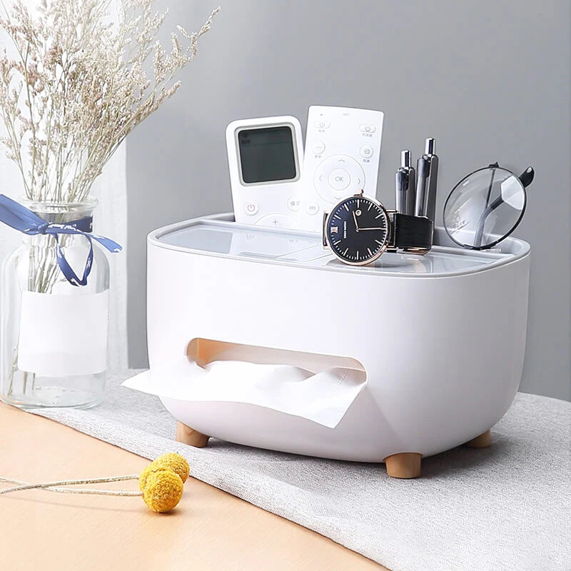 Tissue Box Holder Built-In Phone Stand Double-Layer Storage
