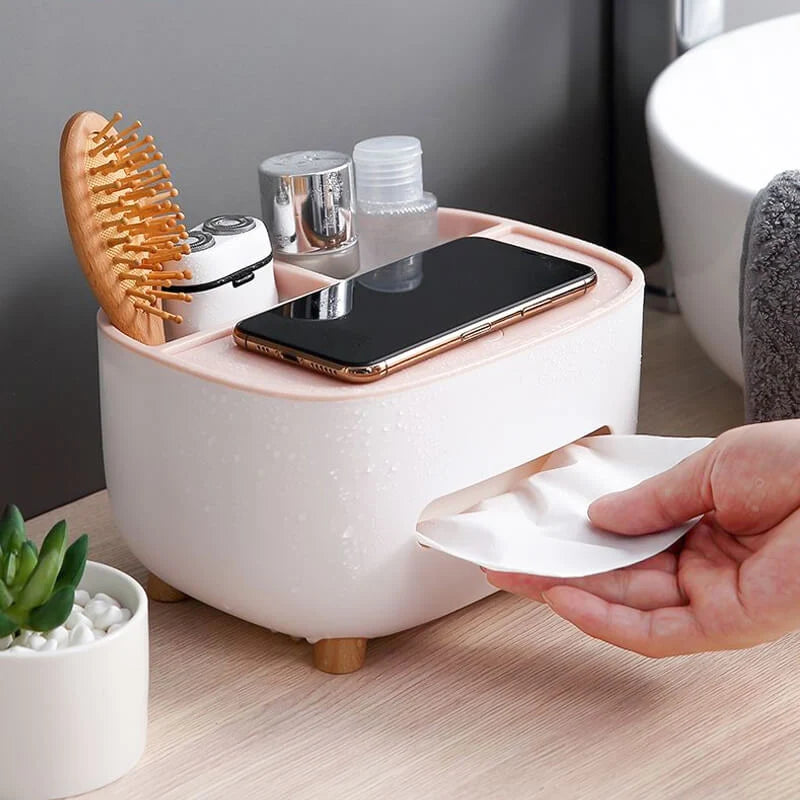 Tissue Box Holder Built-In Phone Stand Double-Layer Storage
