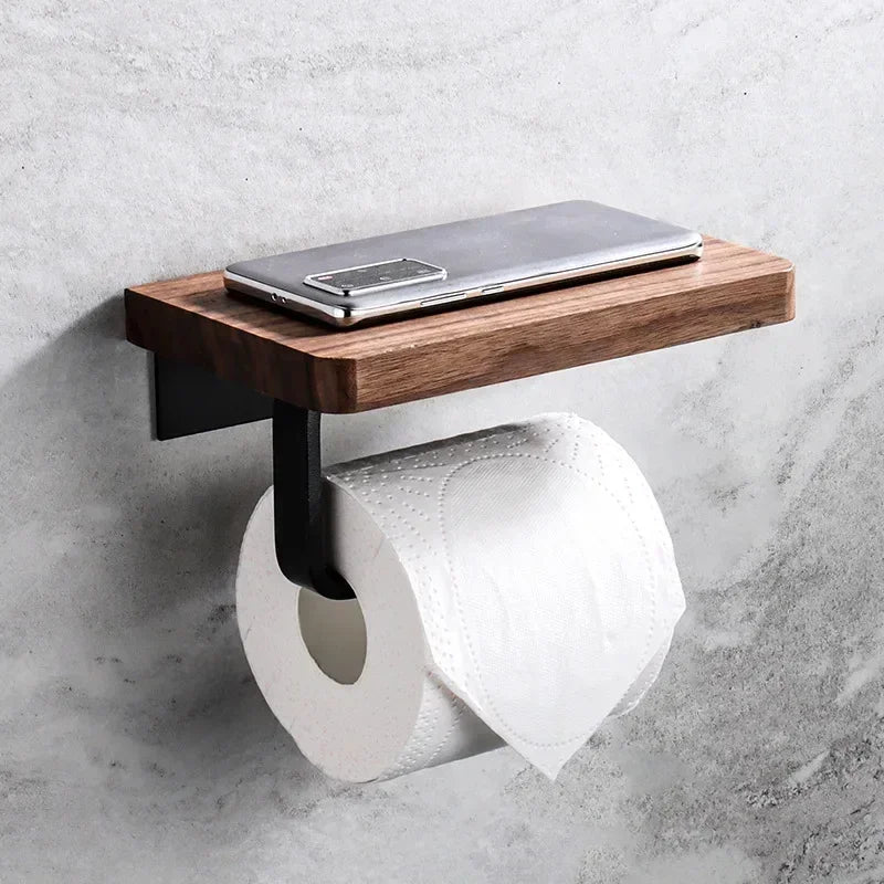 Toilet Paper Holder Wall-Mounted With Phone Shelf and Natural Wood Finish