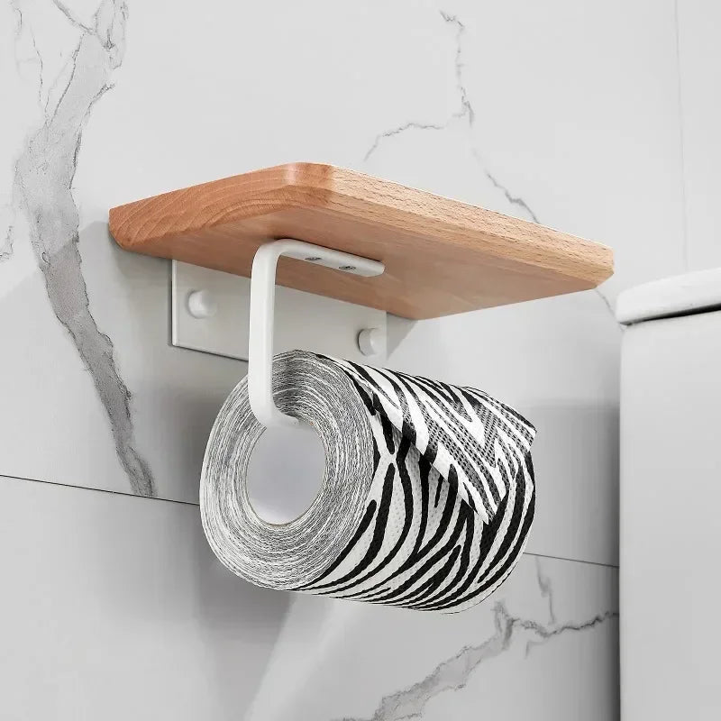 Toilet Paper Holder Wall-Mounted With Phone Shelf and Natural Wood Finish