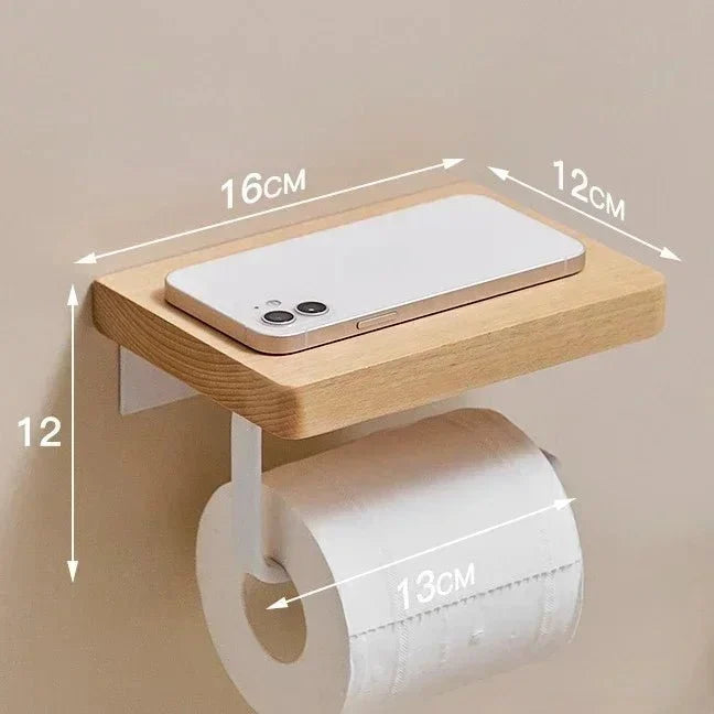 Toilet Paper Holder Wall-Mounted With Phone Shelf and Natural Wood Finish