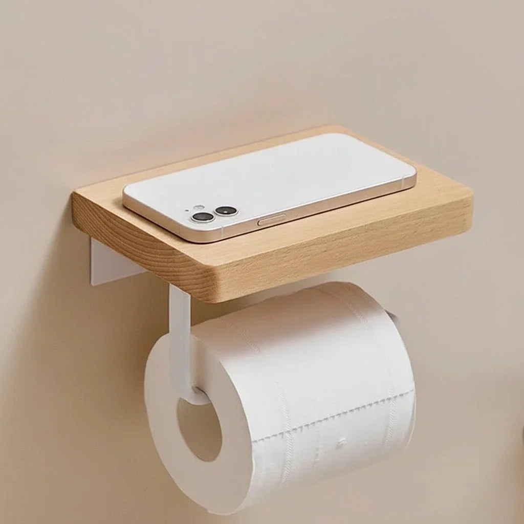 Toilet Paper Holder Wall-Mounted With Phone Shelf and Natural Wood Finish