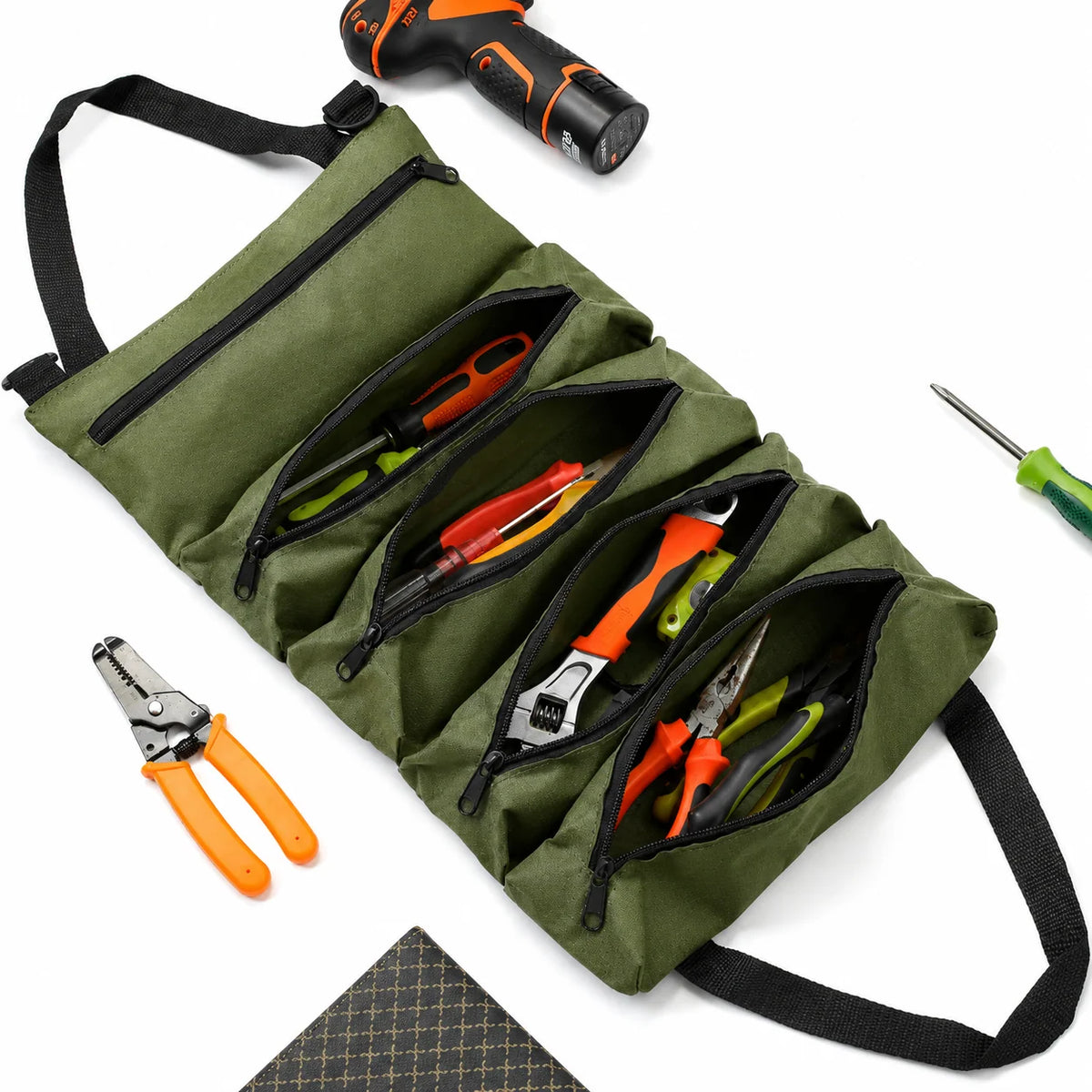 Tool Roll Organizer Canvas Roll-Up With 5 Zippered Pockets