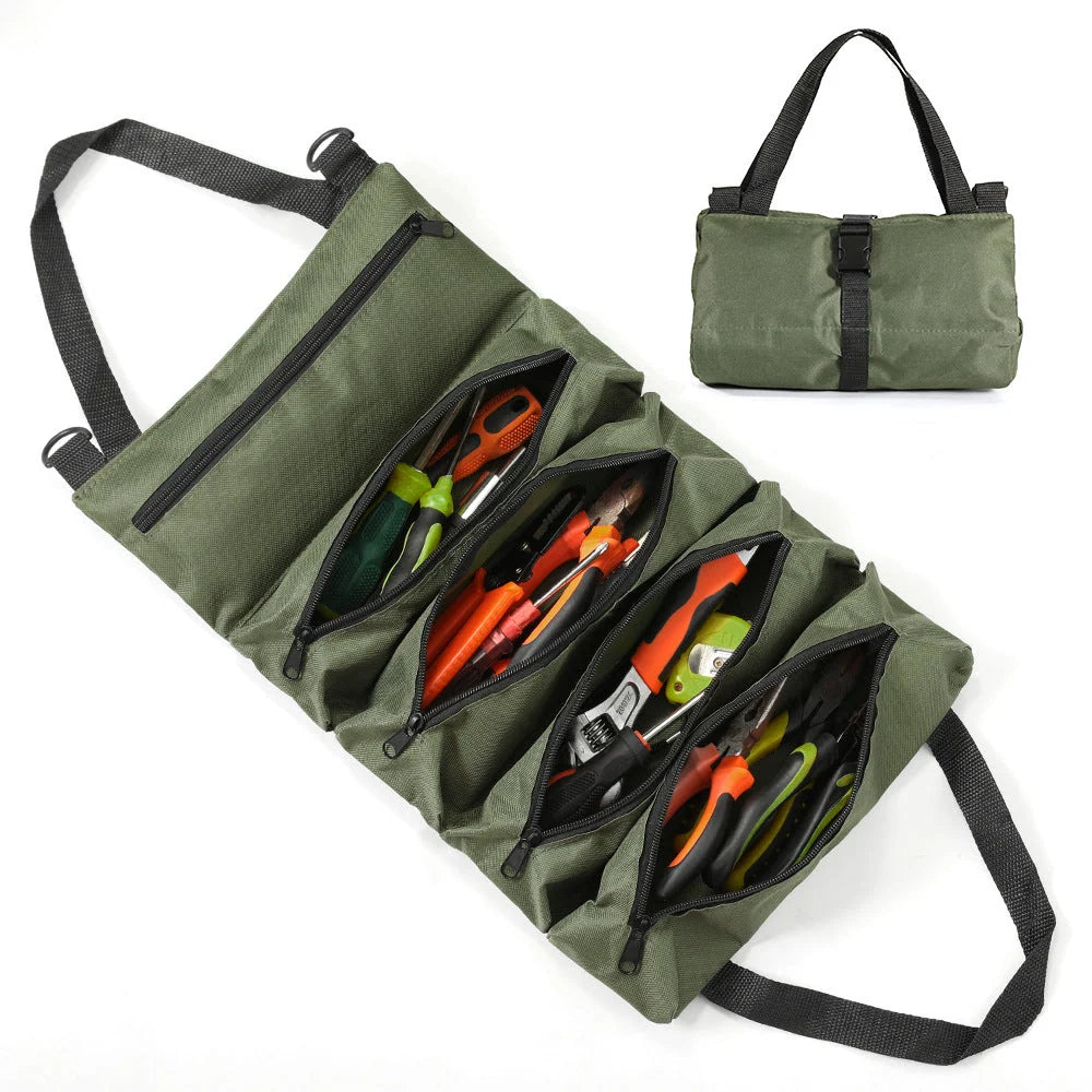 Tool Roll Organizer Canvas Roll-Up With 5 Zippered Pockets