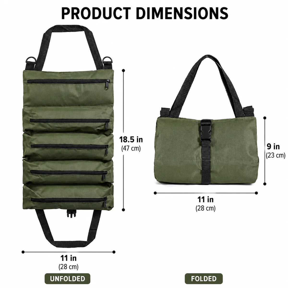 Tool Roll Organizer Canvas Roll-Up With 5 Zippered Pockets