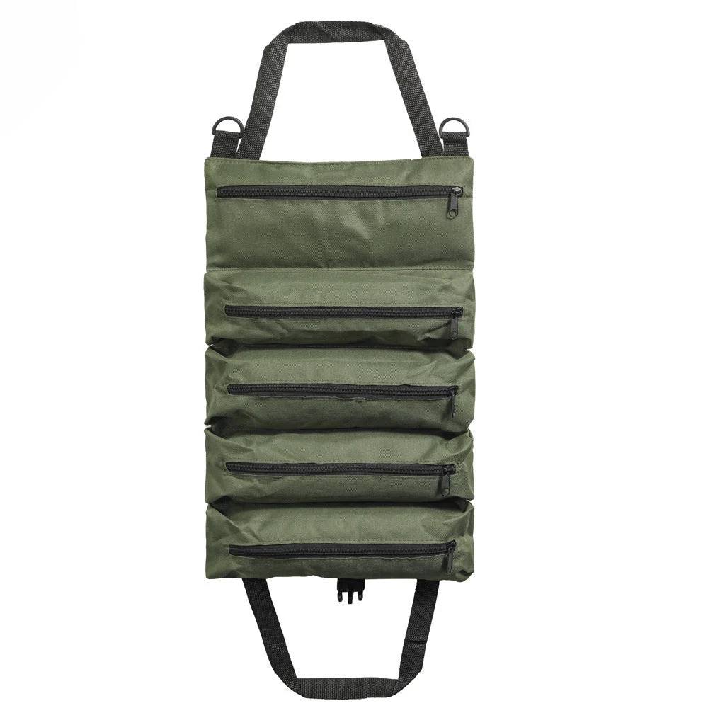 Tool Roll Organizer Canvas Roll-Up With 5 Zippered Pockets