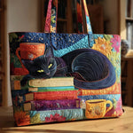 Tote Bag Quilted Cotton Blend Machine-Washable Black Cat Print