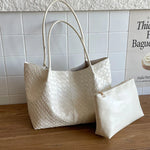 Tote Bag Woven Leather Matching Zip Pouch