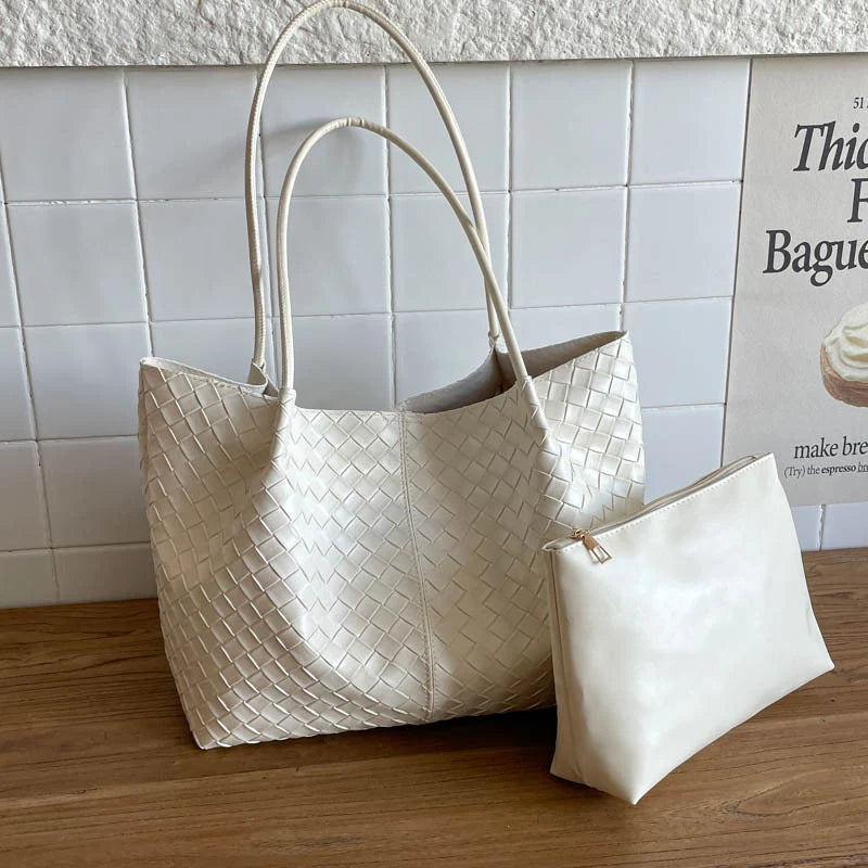Tote Bag Woven Leather Matching Zip Pouch