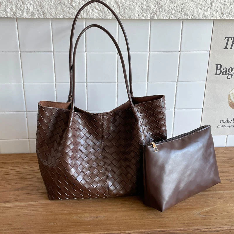 Tote Bag Woven Leather Matching Zip Pouch