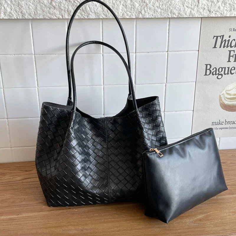 Tote Bag Woven Leather Matching Zip Pouch