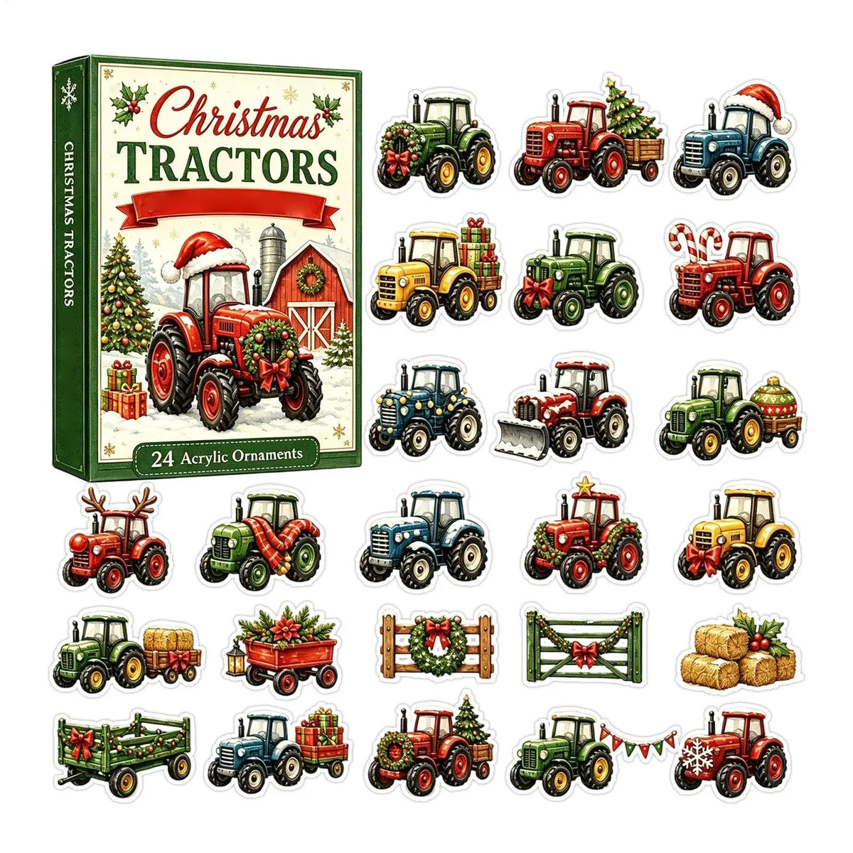 Tractor Advent Calendar Acrylic Ornaments Set of 24