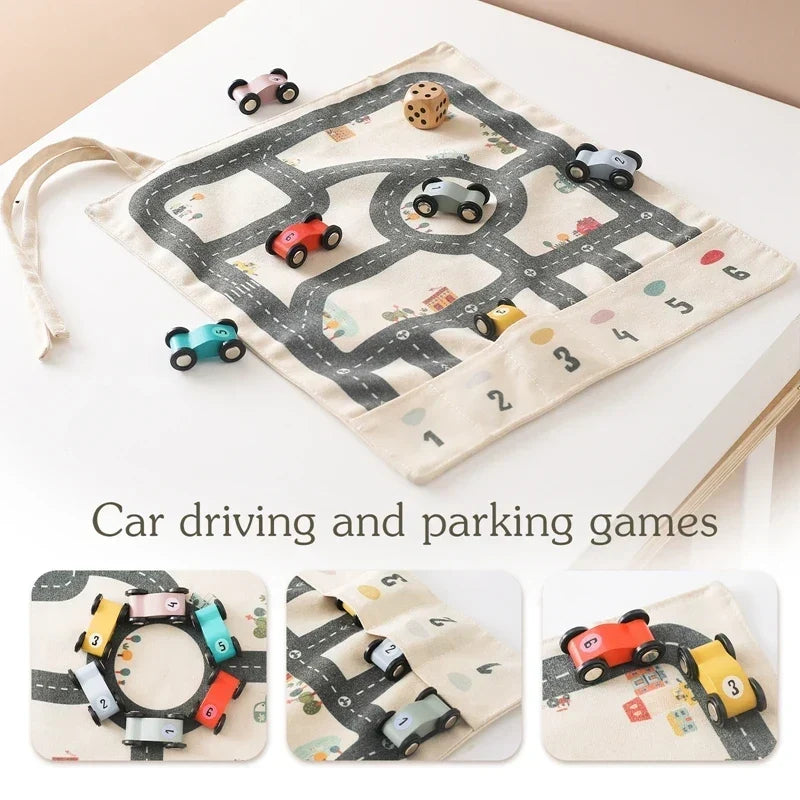 Traffic Play Set Wooden Cars & Rollable Canvas Mat
