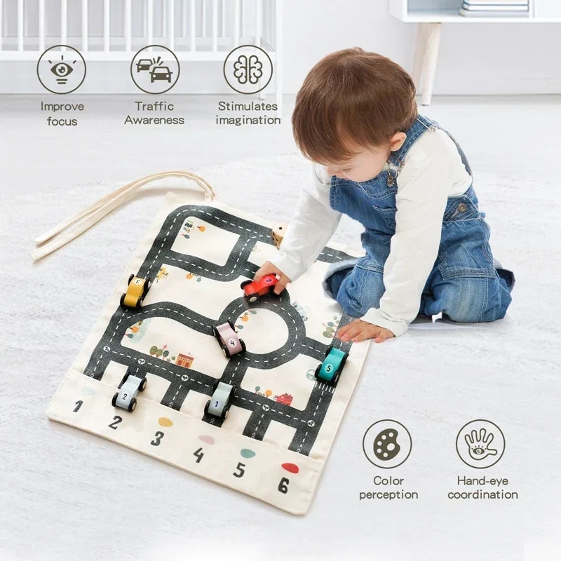 Traffic Play Set Wooden Cars & Rollable Canvas Mat