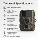 Trail Camera 16MP Infrared Night Vision 0.7-Second Trigger Speed