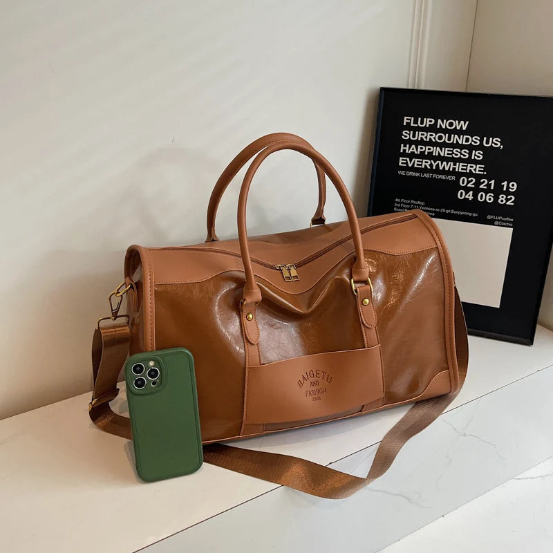 Travel Duffel Bag Leather Multiple Pockets Detachable Shoulder Strap