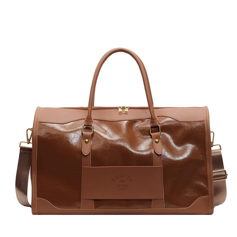 Travel Duffel Bag Leather Multiple Pockets Detachable Shoulder Strap