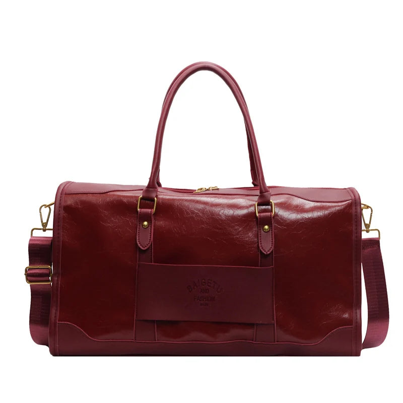 Travel Duffel Bag Leather Multiple Pockets Detachable Shoulder Strap