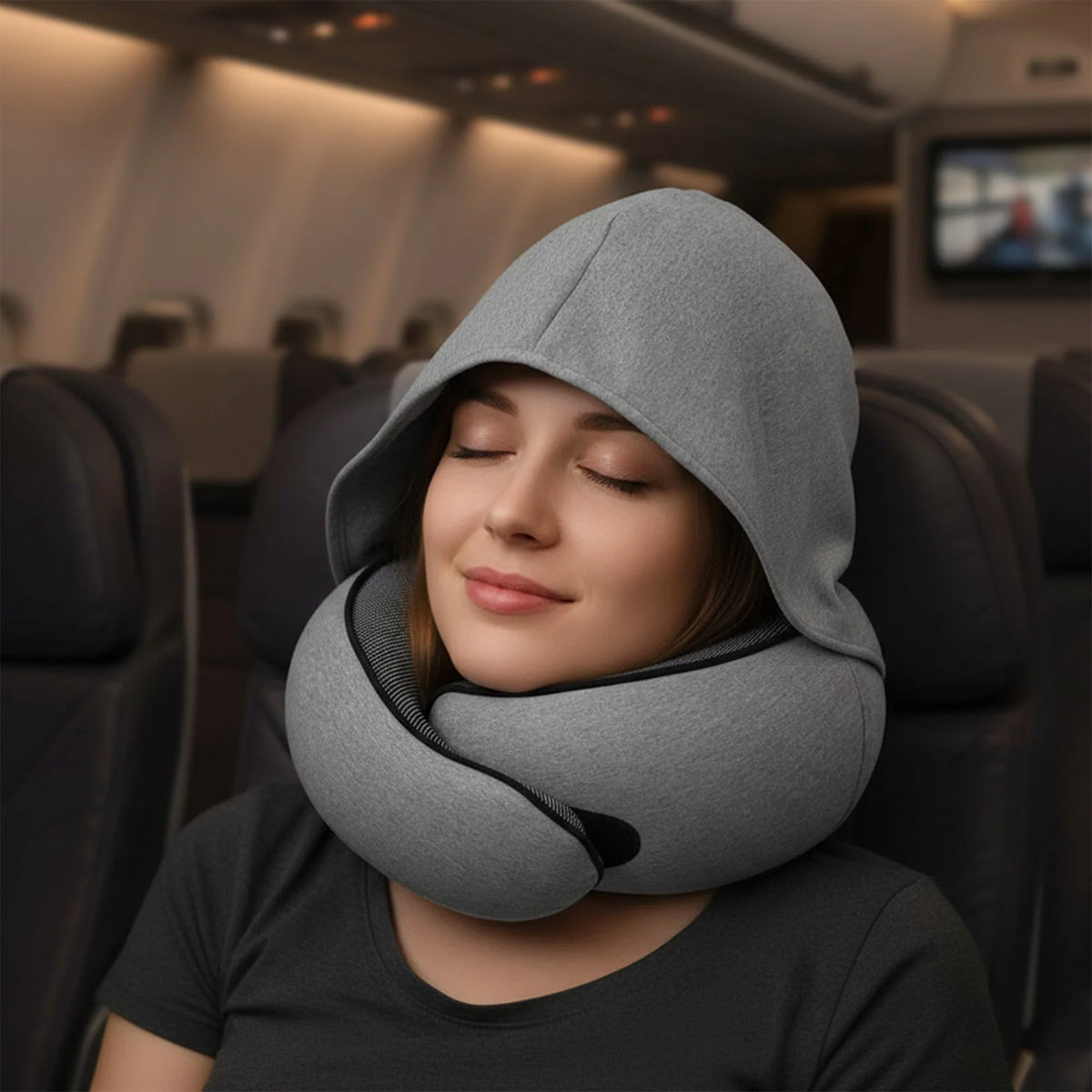 Travel Neck Pillow Hooded Memory Foam Removable Cover