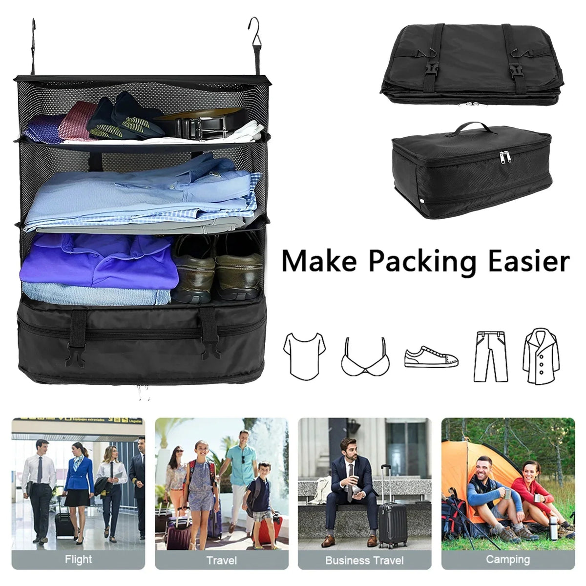 Travel Organizer Hanging 3 Compartments Foldable Water-Repellent